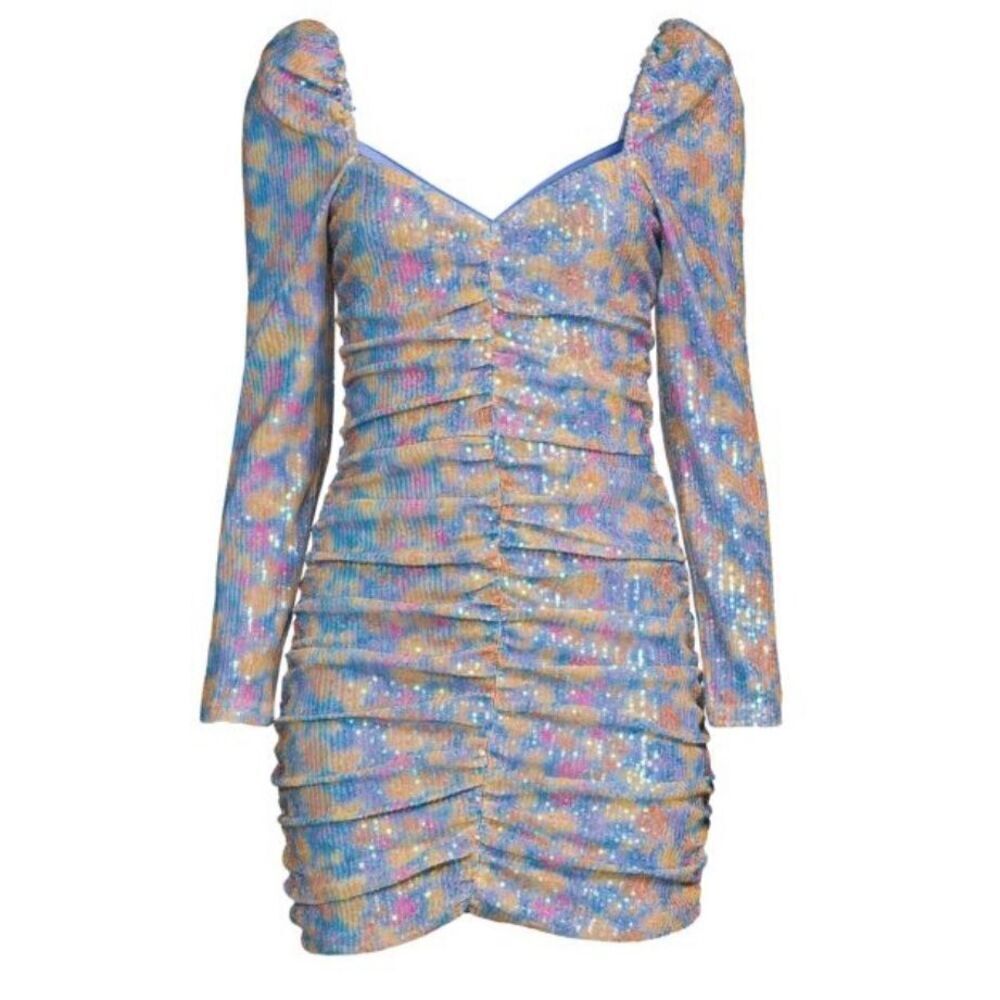 SAYLOR Lawren Sequin Ruched Bodycon Dress in Blue Multi NWT Size Medium